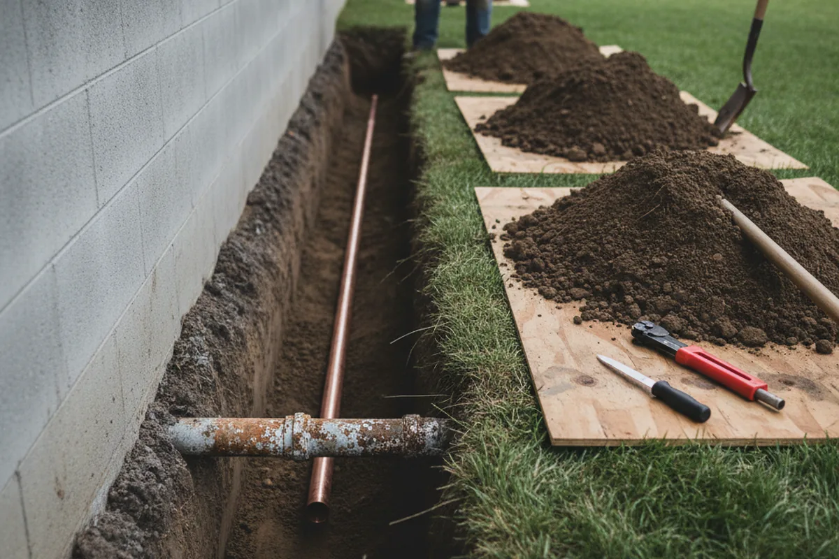 Excavated water line trench during Sewer Line Repair in Midlothian